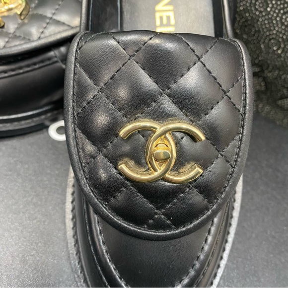 Chanel Black Quilted Loafers with Gold Logo - Picture 3 of 5